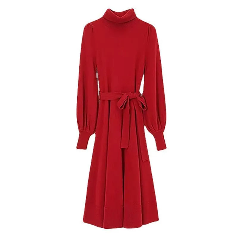Rose red turtleneck knit dress with long sleeves, elastic waist, and a loose, flowing mid-length skirt.