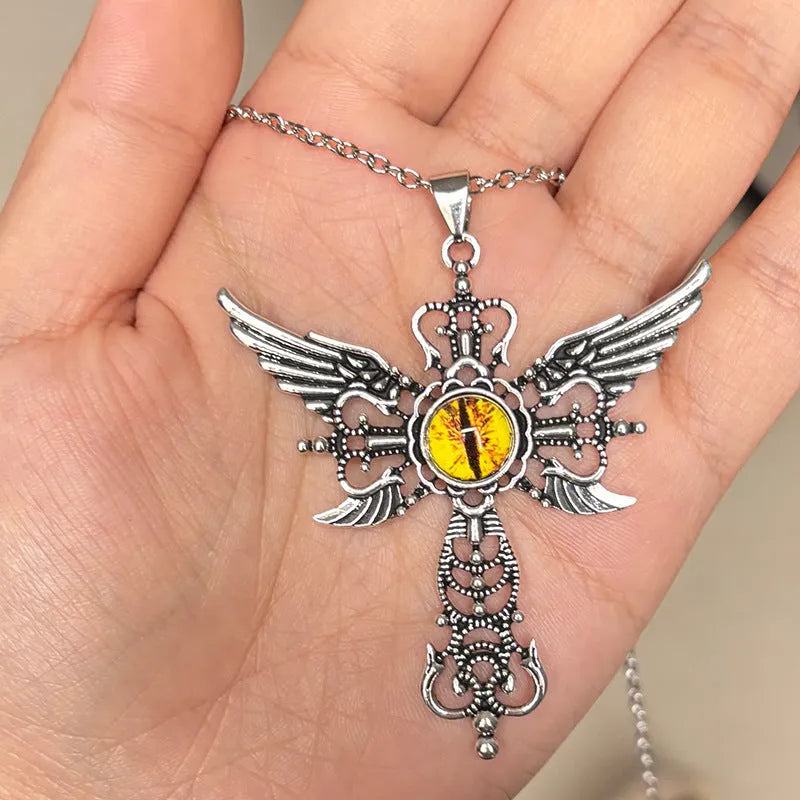 Creative devil wings and geometric cross pendant necklace in alloy on an adjustable chain.