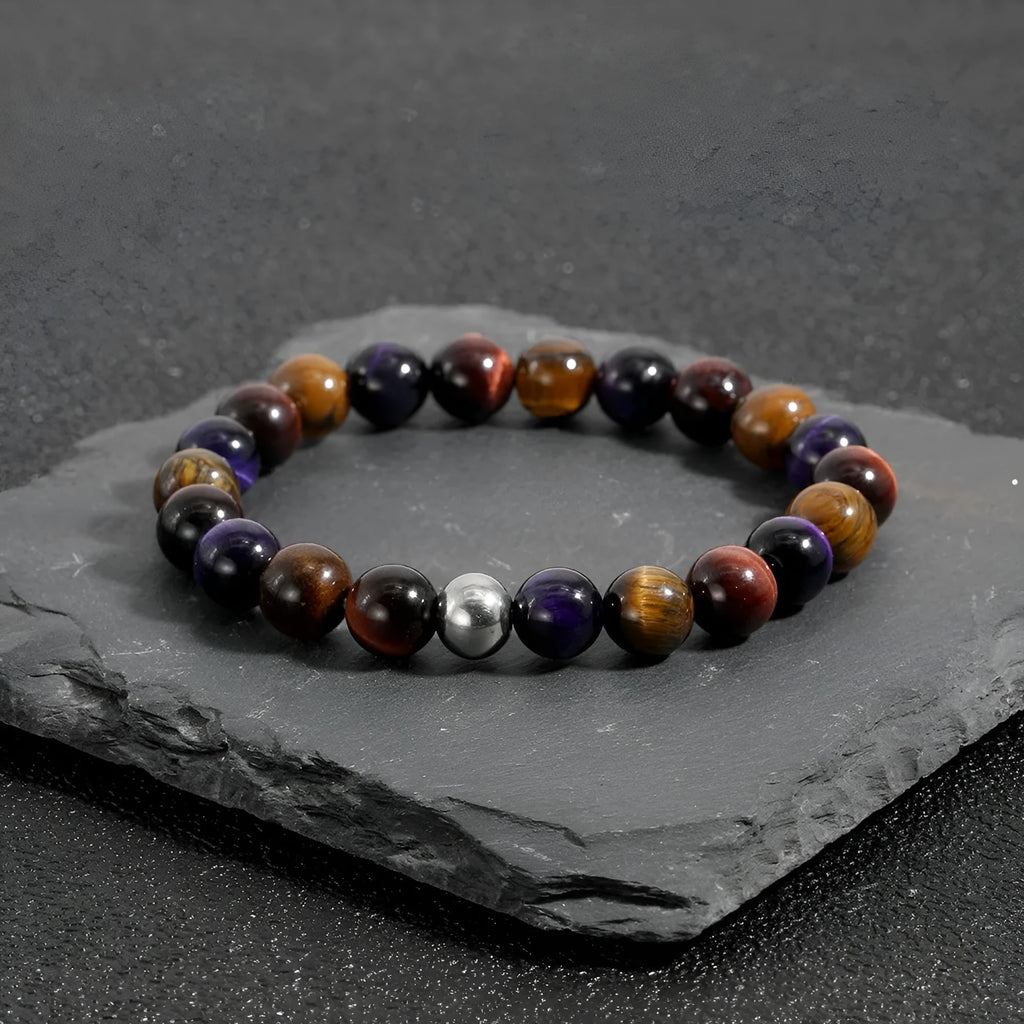 Natural tiger-eye stone elastic bracelet with minimalist geometric design on wrist