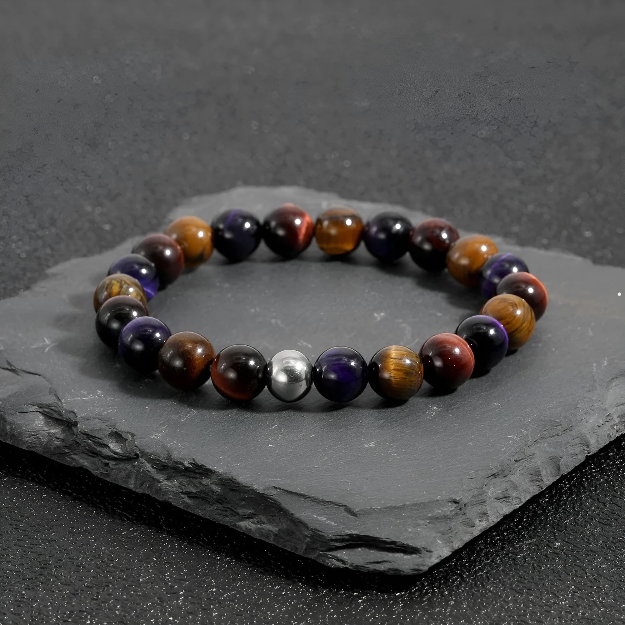 Natural tiger-eye stone elastic bracelet with minimalist geometric design on wrist
