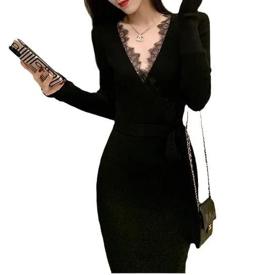 Black women's slim fit woolen skirt with a princess dress silhouette on a mannequin.