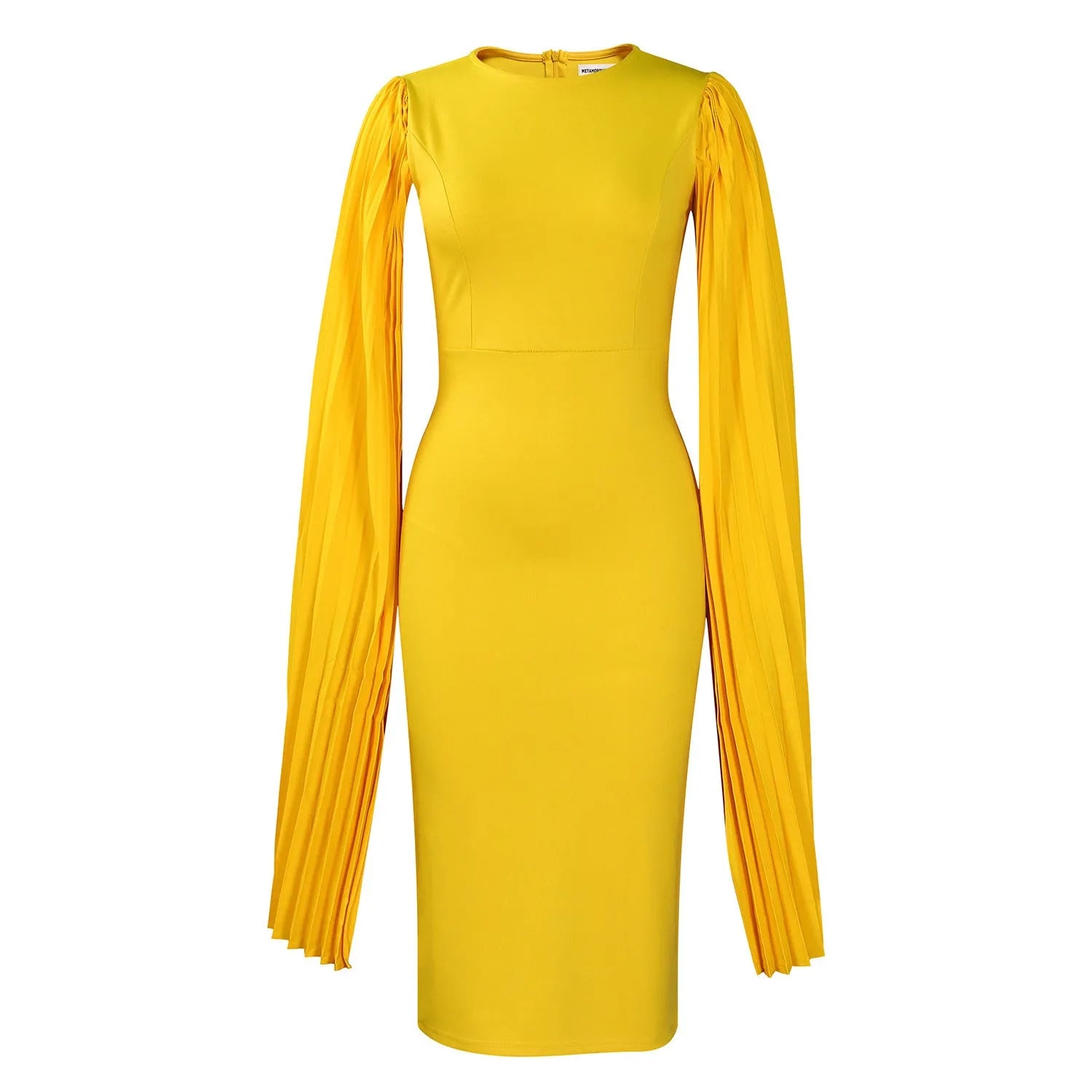 Yellow high-waist evening gown with long sleeves and an attached pleated shawl detail on the shoulders.