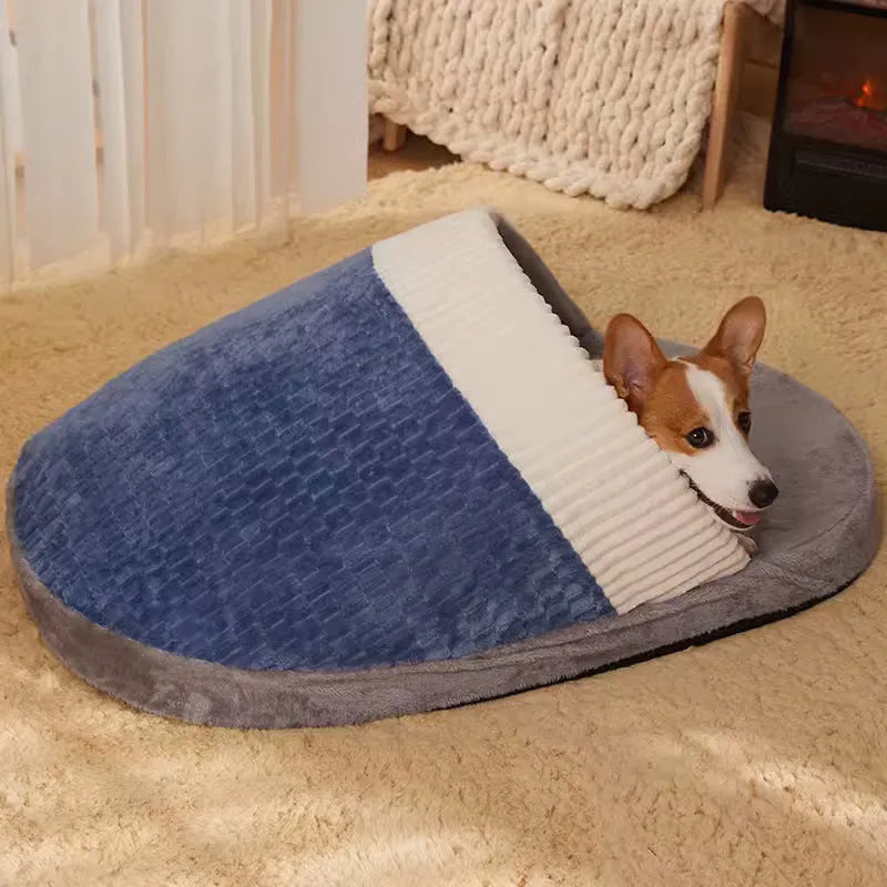 Blue dog nest sleeping bed with removable fleece lining shown in L size for medium dogs