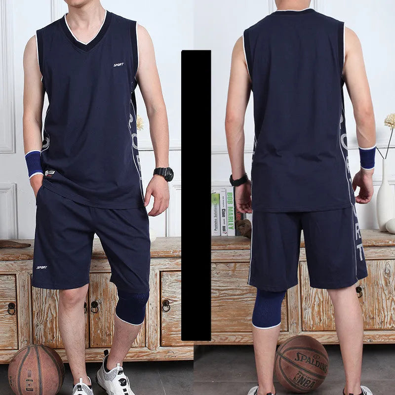 Men's cotton polyester sleeveless vest and five-point shorts sportswear set in black