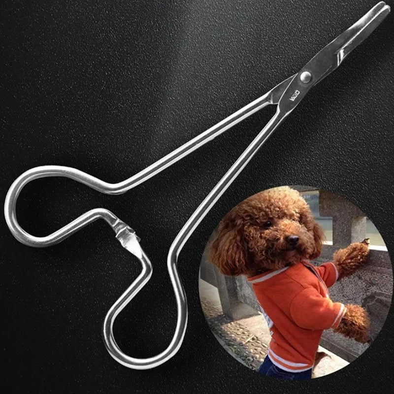 Silver stainless steel pet ear cleaning tweezers with anti-slip handle on a white background.
