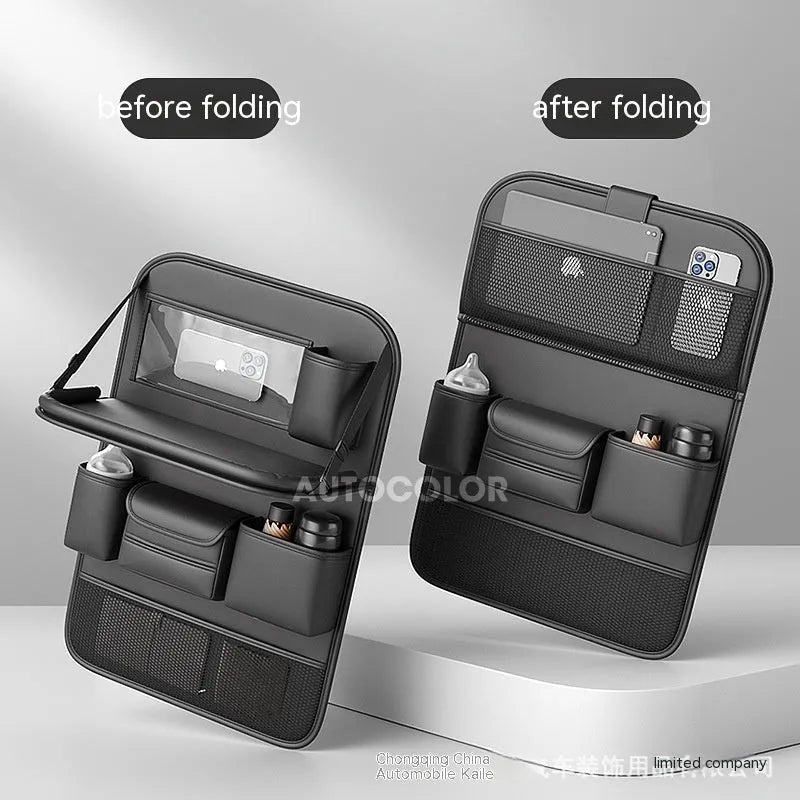 Waterproof leather car seat storage bag with foldable dining table in obsidian black colour