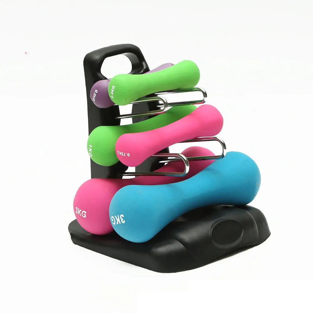 White PVC dumbbell stand with removable bracket holding multiple dumbbells.