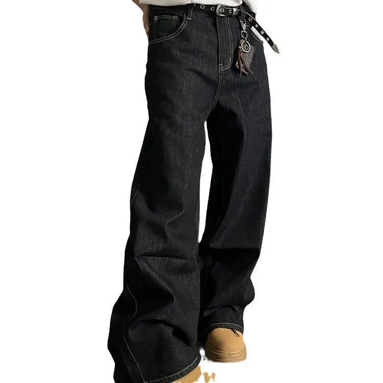 Black loose wide-leg retro jeans with a straight-leg cut and zip fly.