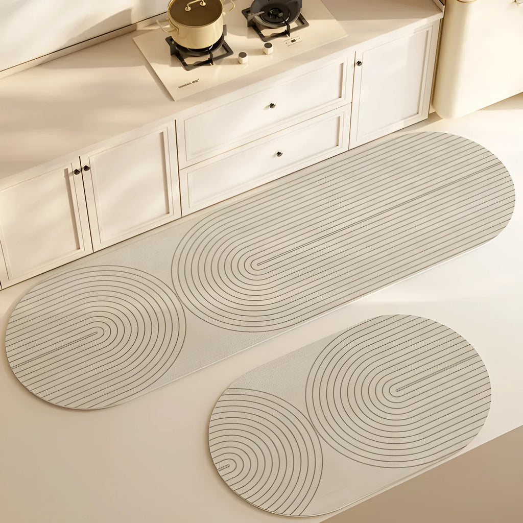 Household oval diatom ooze kitchen floor mat with stripe geometric pattern in Gu Chuan colour on tiled kitchen floor