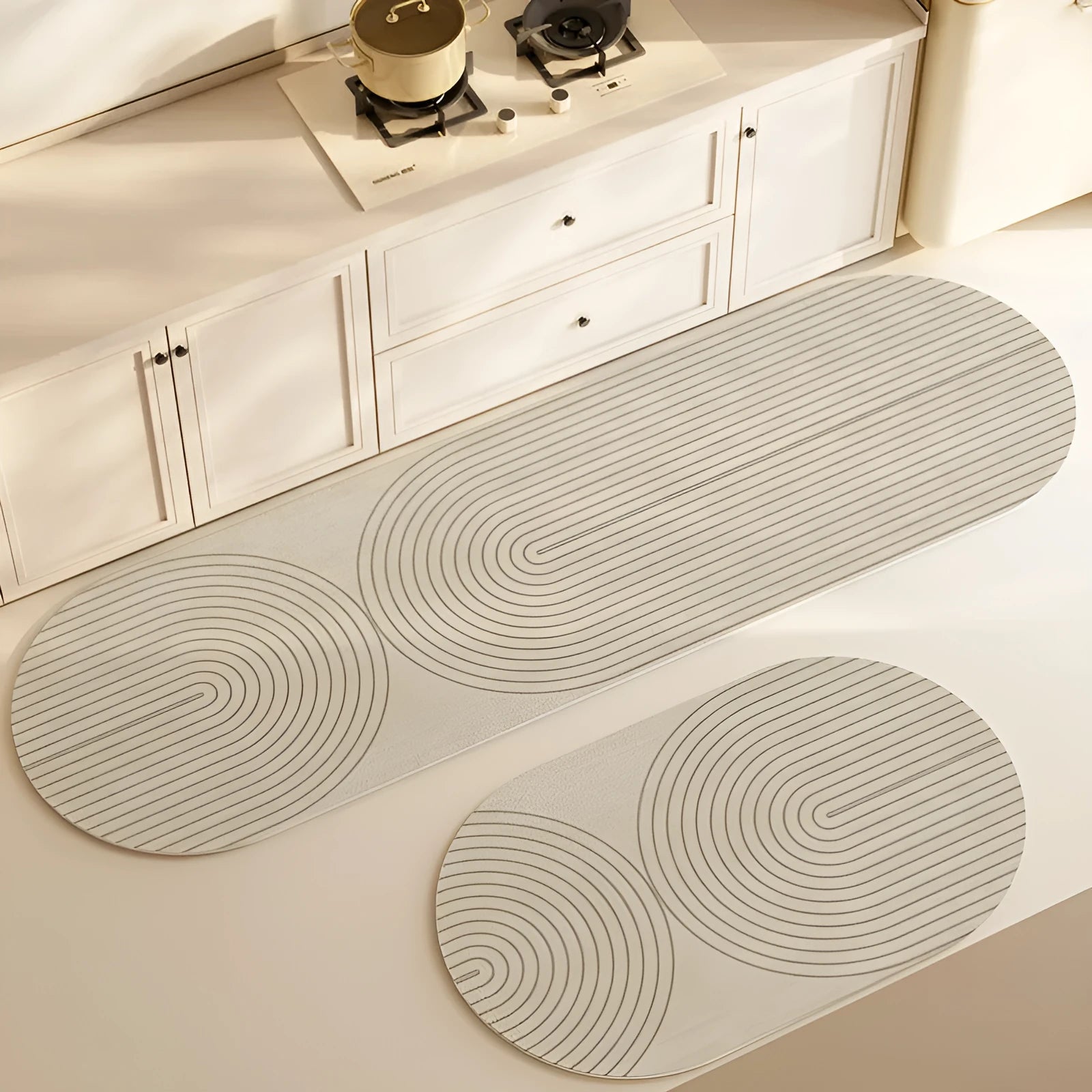 Household oval diatom ooze kitchen floor mat with stripe geometric pattern in Gu Chuan colour on tiled kitchen floor