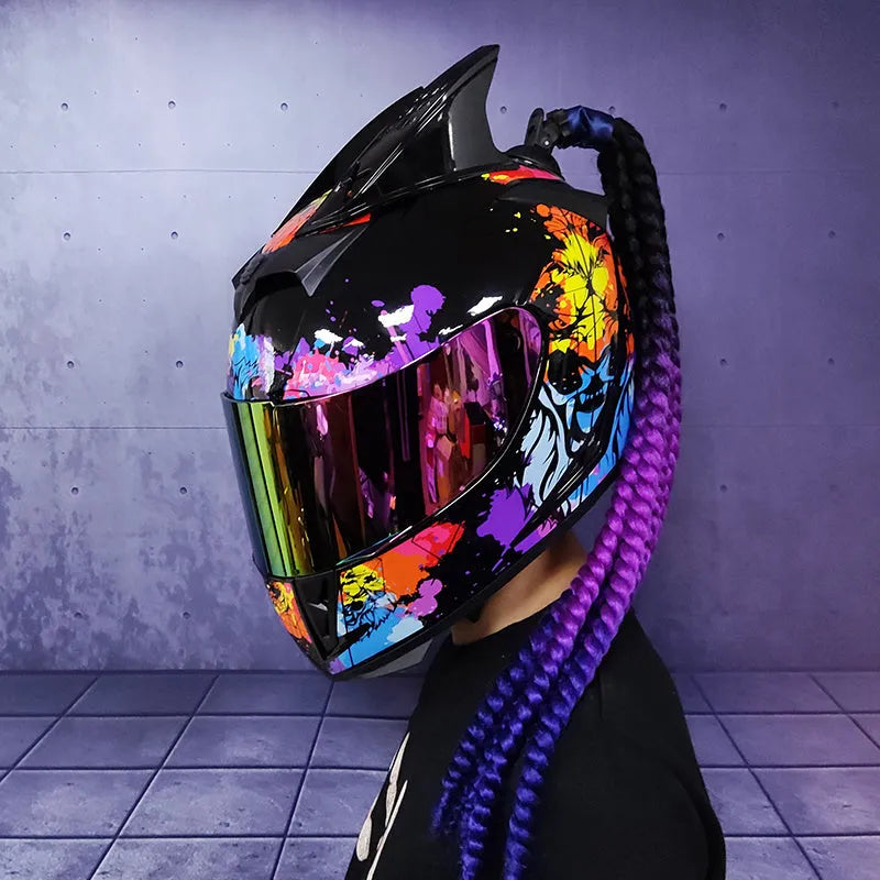 Dirty Braids pattern full face motorcycle helmet in ABS on a white background.