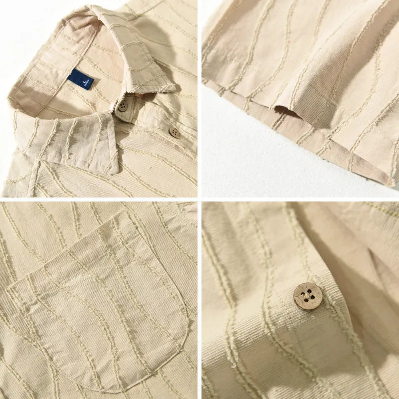 Men's loose fit pure cotton short sleeve casual shirt in apricot colour on a hanger.