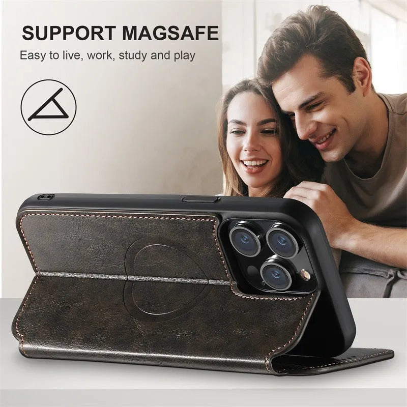 Frosted black PU leather phone case for iPhone 16 with card slot and magnetic back