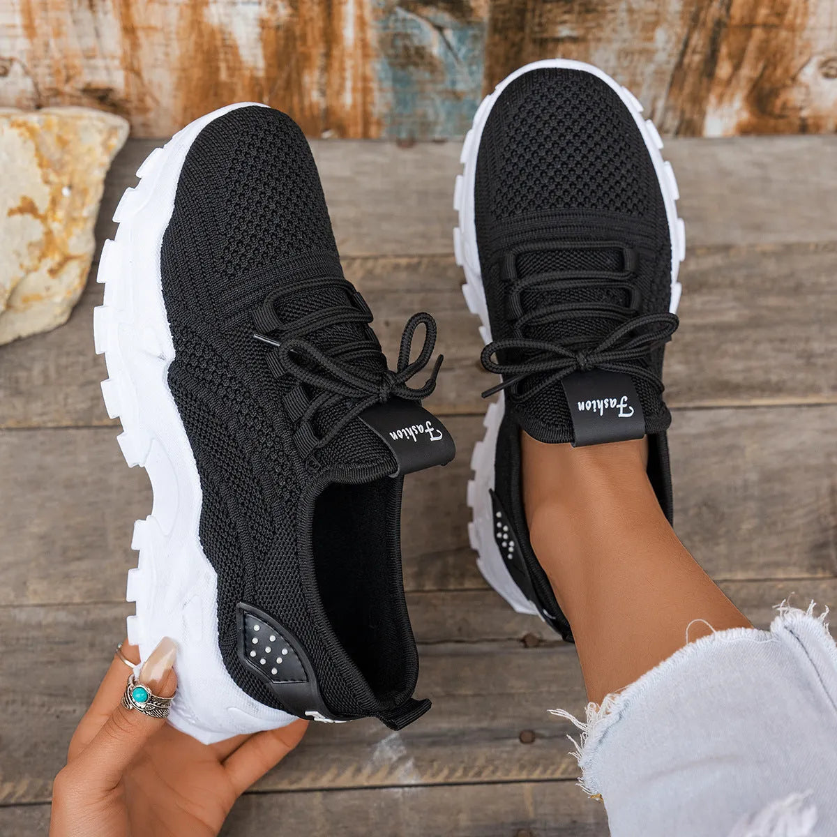 Women's Flyknit mesh sports casual shoes in multiple colours with flat heel and lace-up closure