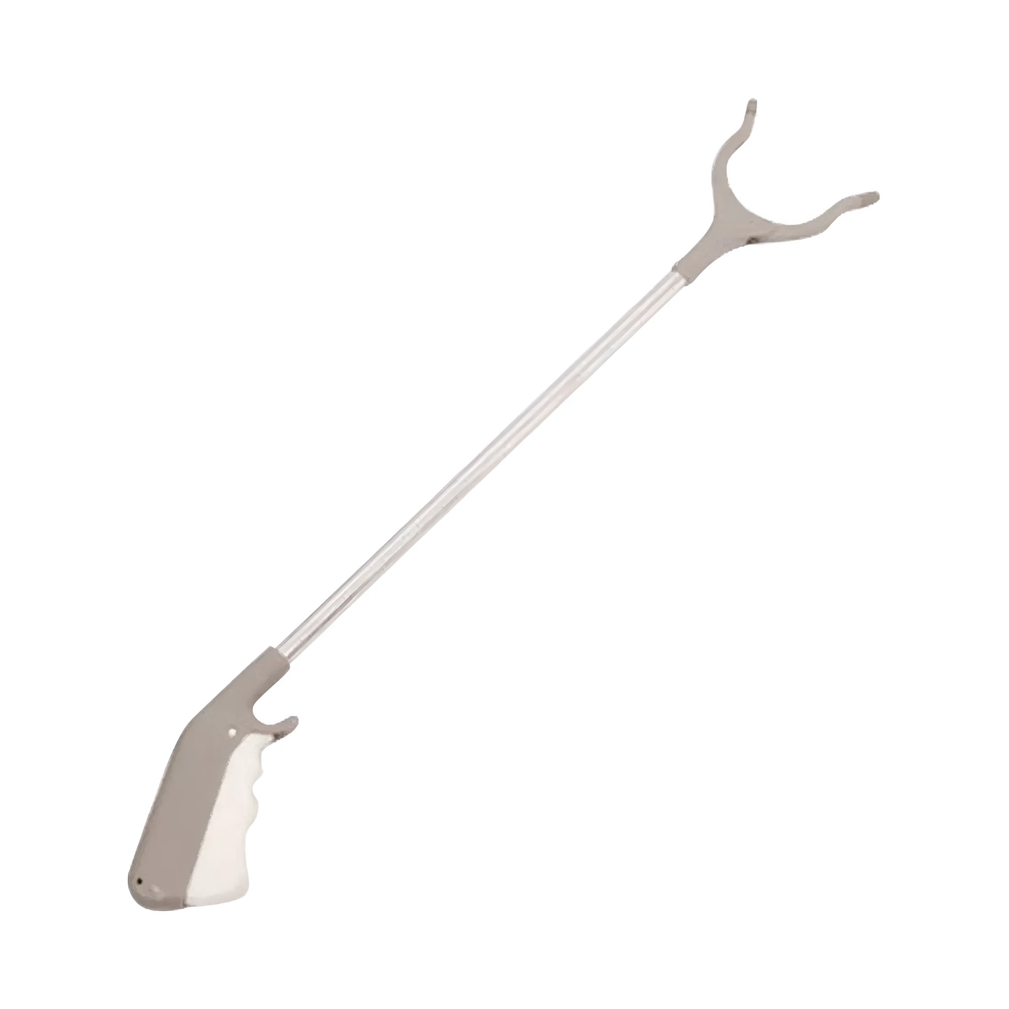 Stainless steel garbage picker with extended 40cm arm and plastic handle.