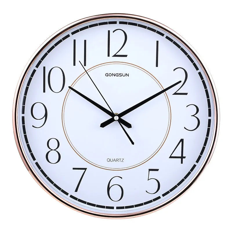 Round wall clock with Nordic design, 14 inch, white dial with black numbers, glass mirror cover