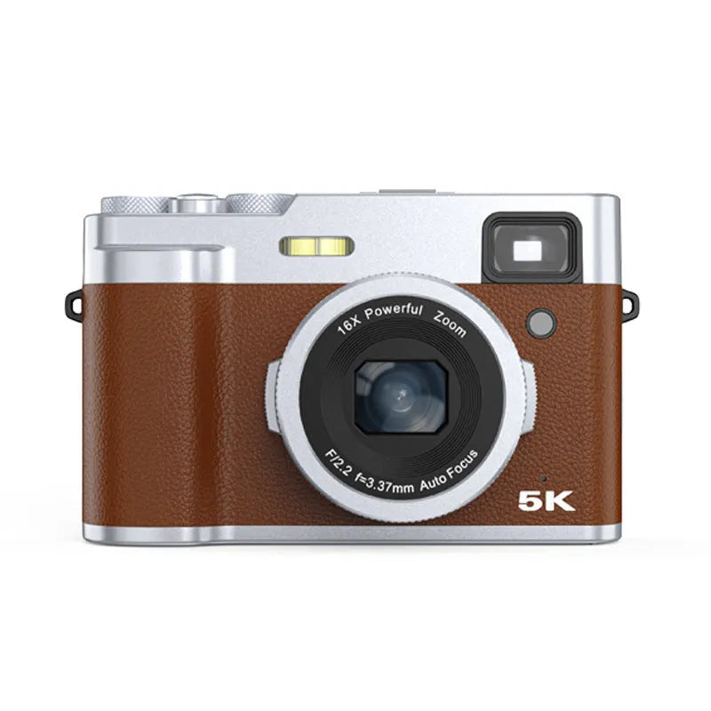 Black and brown 5K digital camera with dual lenses, a 2.88-inch screen, and an optical viewfinder on top.