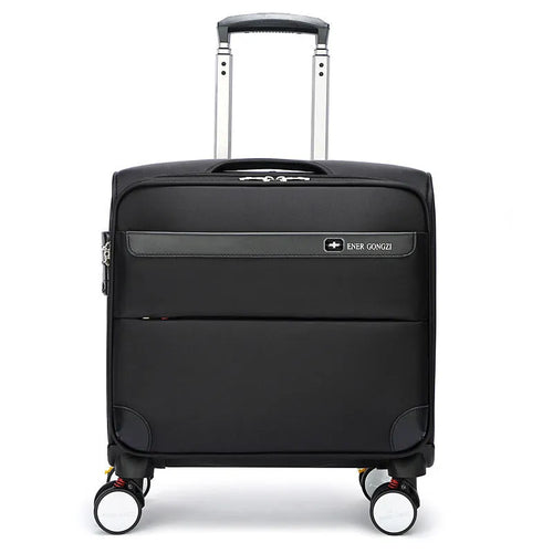 Black 18-inch Oxford cloth carry-on spinner suitcase with telescopic handle on airport carpet.