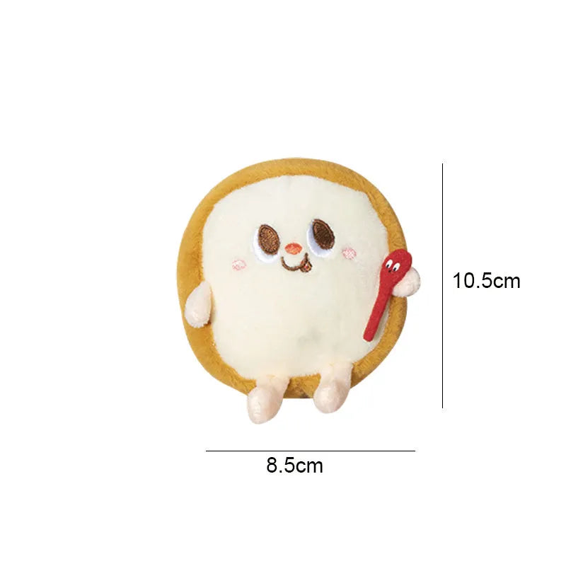 Five cat teething toys shaped like hamburger, chicken leg, fries, hot dog and bread on white background