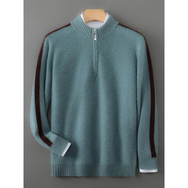 A plus-size slim-fit sheep wool sweater with a half zip and round neck, shown in Raw Velvet Camel colour.