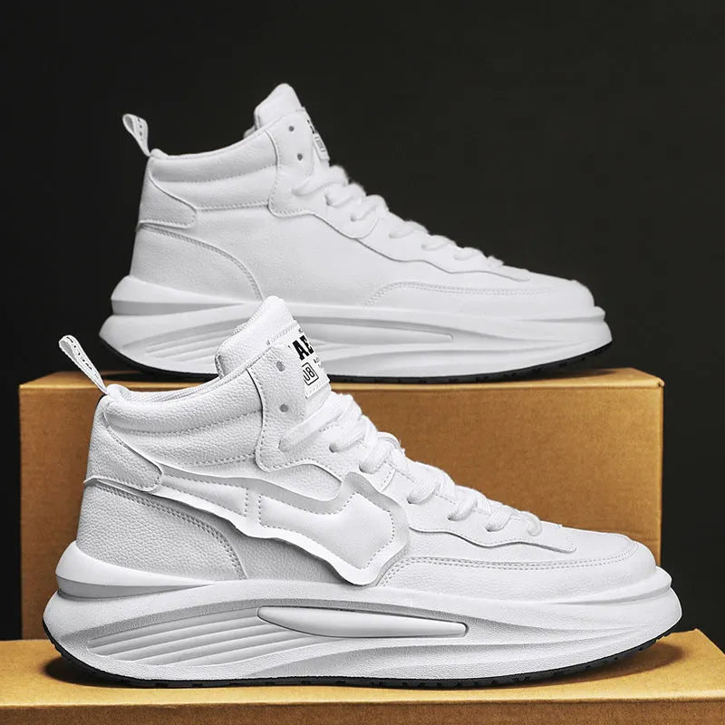 Men's black and white platform high-top board shoes with round toe and PU leather upper