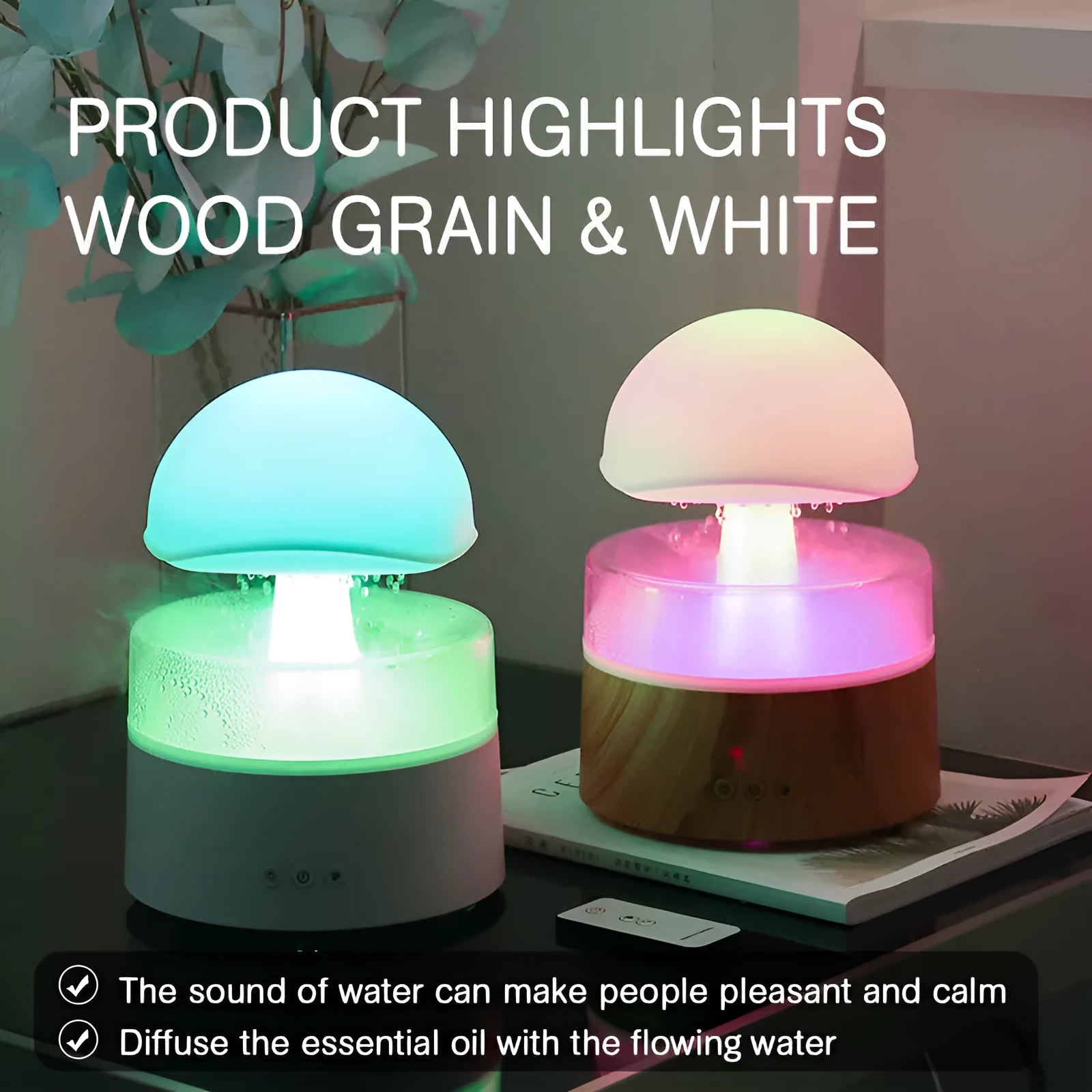 White cloud-shaped ultrasonic humidifier with rainfall mist effect and multi-colour LED lighting