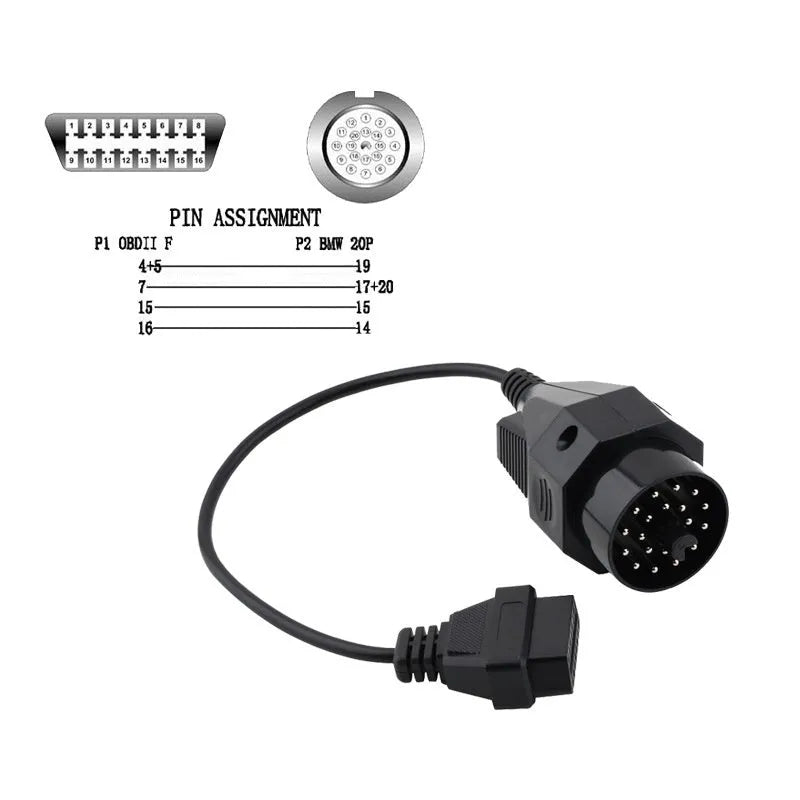 BMW 20-pin male to standard 16-pin OBD2 female diagnostic adapter cable on a workshop bench.