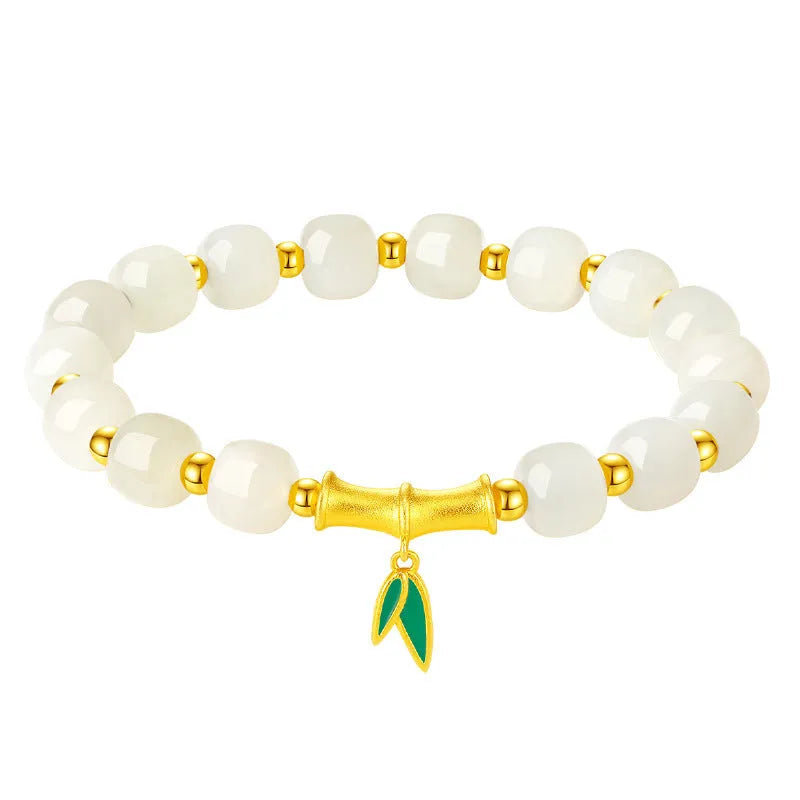 S925 sterling silver bracelet with Hetian jade beads and bamboo leaf charms in gold colour