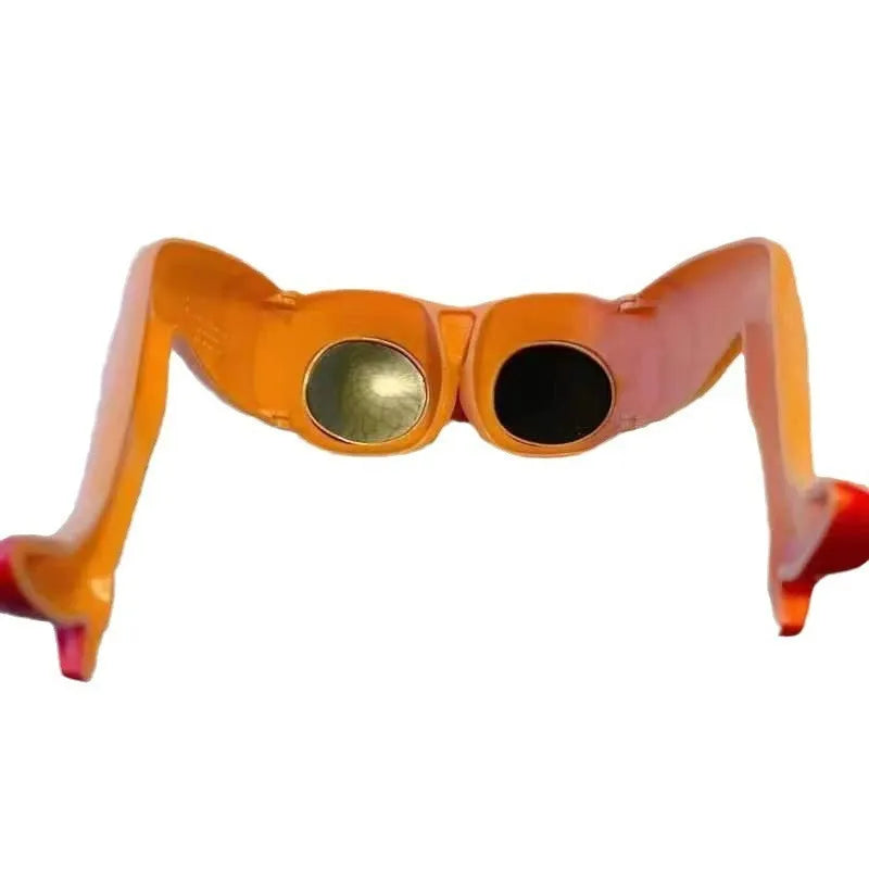 Orange plastic sunglasses with wide lenses on a white background, showing adjustable leg hip design.