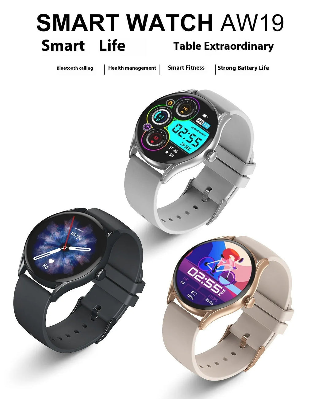 Portable smart sports watch with TFT screen, heart rate monitor, and Bluetooth calling, black, gold, or silver gray colour options