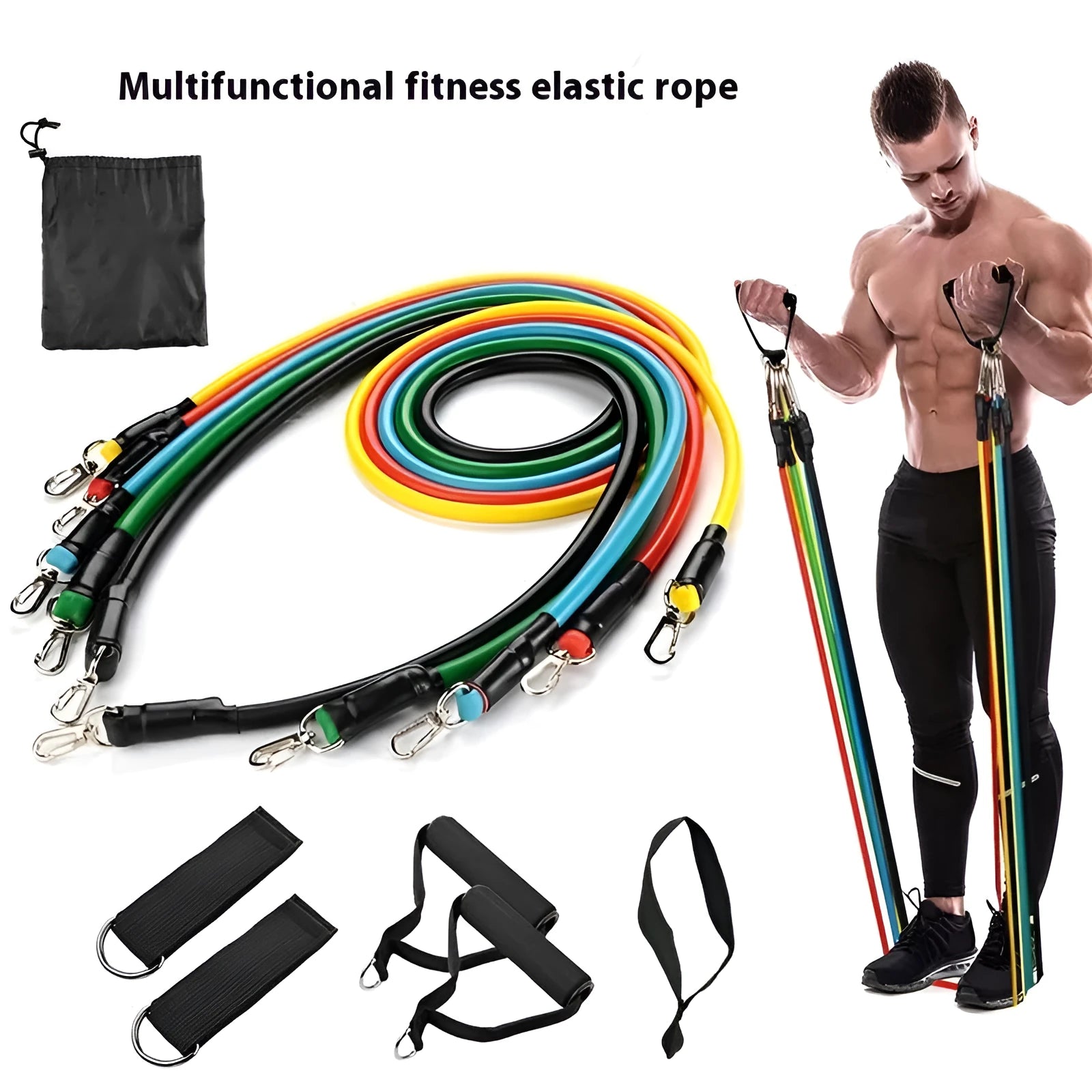 Multi-functional door sports 11-piece combination pulling rope set with ABS components on a white background.