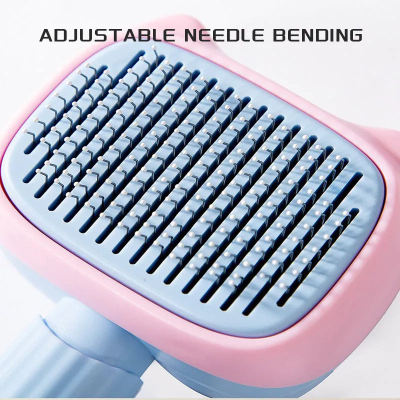 Blue and green double-sided pet grooming brush with deshedding rake and dematting comb.