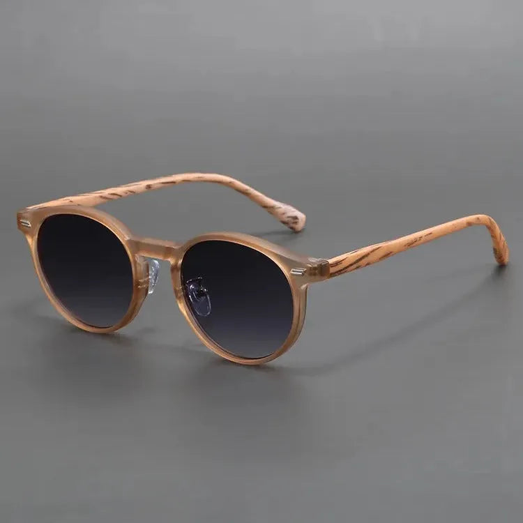 Retro frosted round rim sunglasses with patterned lenses in sand white frame and grey yellow lenses.