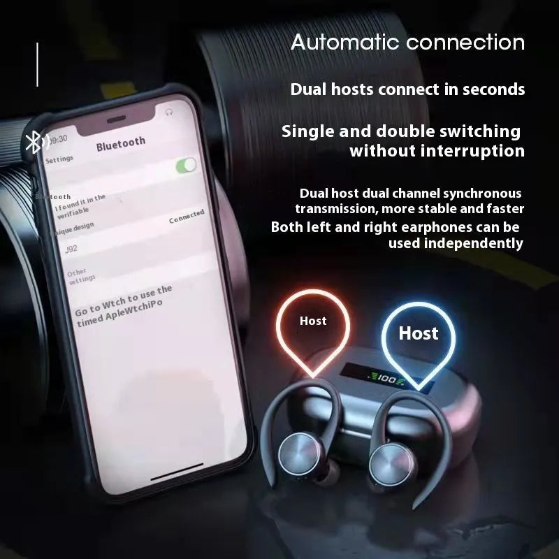R200TWS sports Bluetooth headset ear-mounted plastic build with digital display in black colour