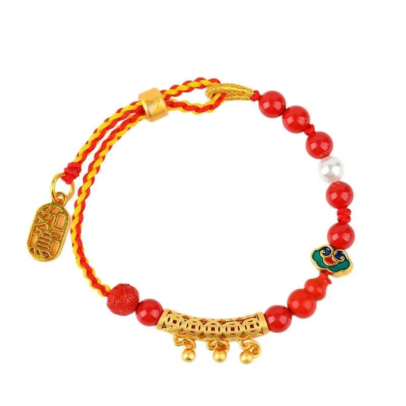 Women's red cinnabar hand-woven rope bell bracelet with geometry shapes and national style design