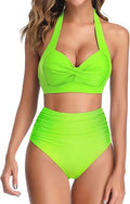 Women's split bow bikini swimwear in multiple colour options on a mannequin.