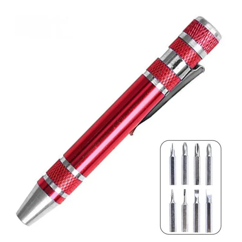 8-in-1 aluminium alloy pen-type screwdriver set with multiple coloured handles and nickel-plated cutter heads