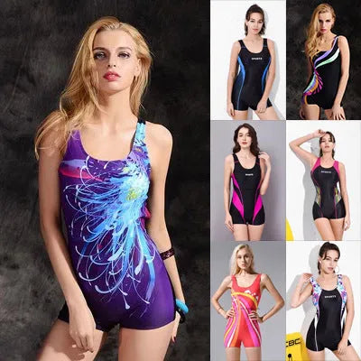 A sleeveless one-piece swimsuit for women in a conservative cut, made from quick-drying polyester fabric.