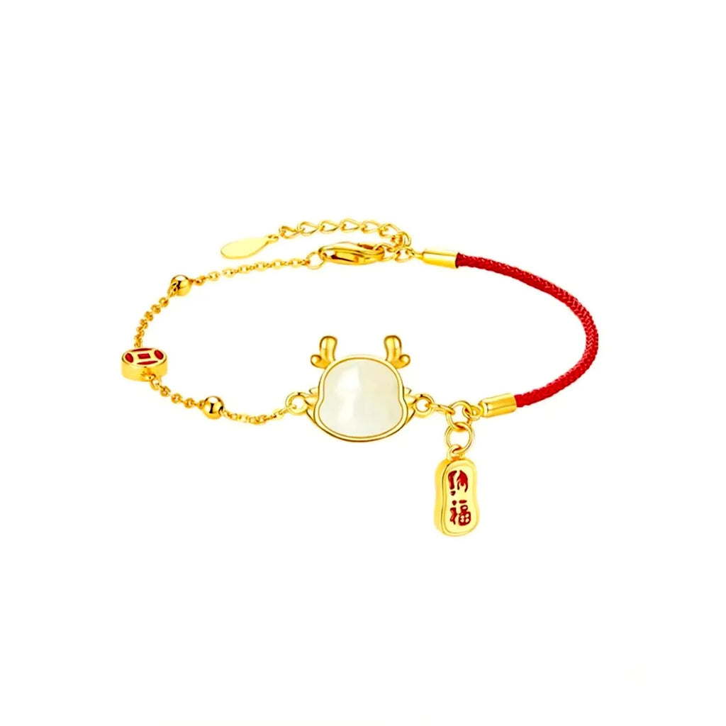 Silver-plated dragon zodiac bracelet with Hetian jade elements for women, showing electroplated finish and animal motif.
