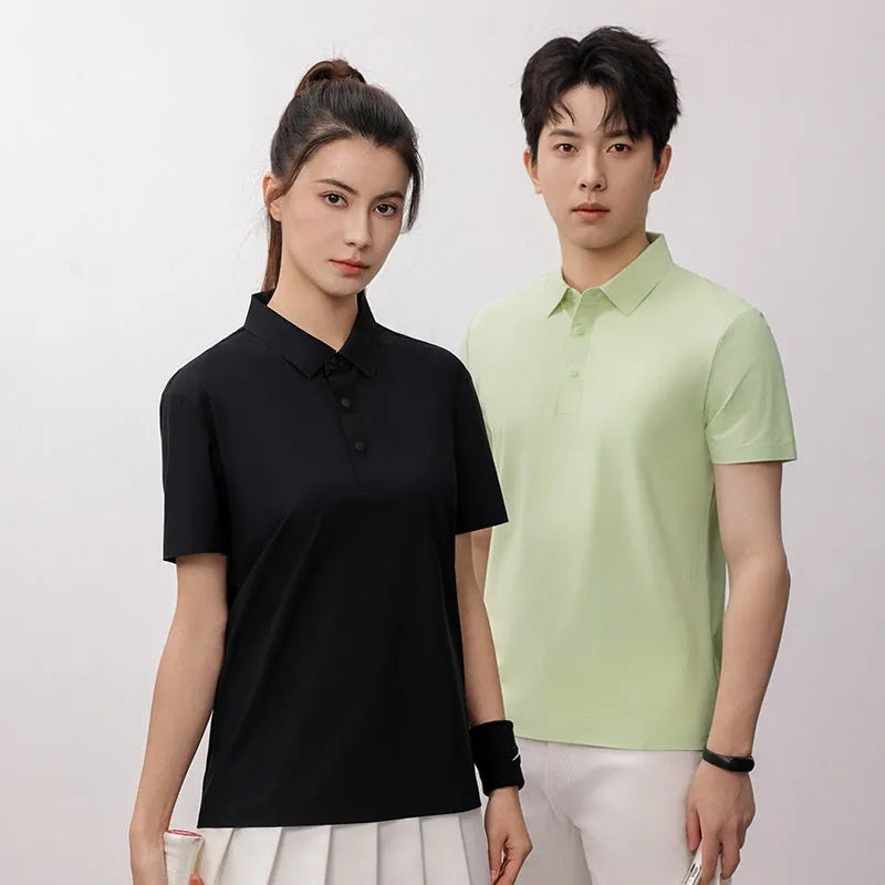 Man wearing a seamless brocade ammonia polo shirt in sky blue for summer sports.