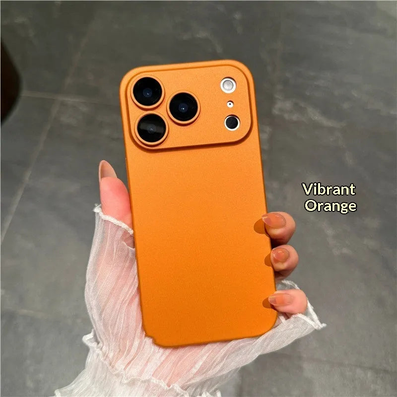 Ultra-thin PC phone case with built-in camera lens protector and frosted finish for iPhone, showing full back coverage.