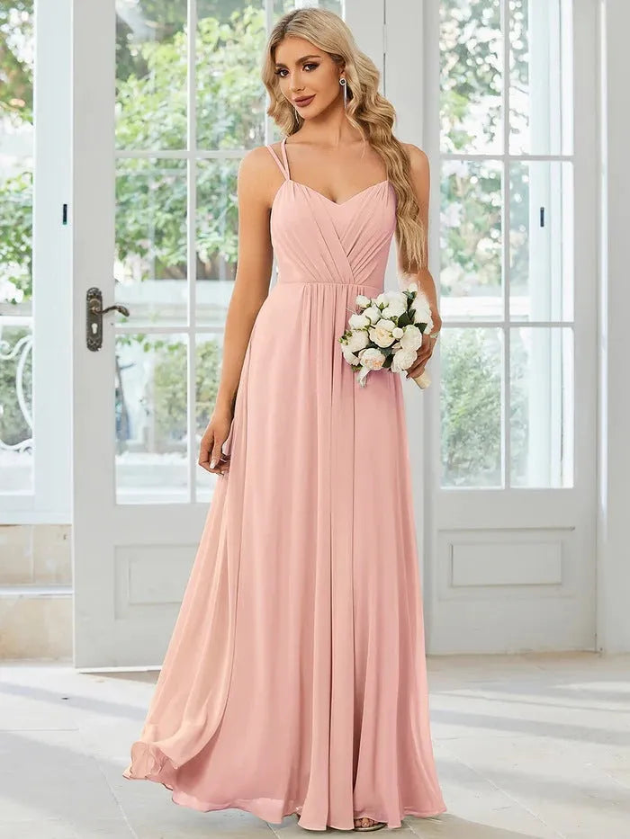 Women's sleeveless A-line long dress with pleated skirt detail in polyester fabric