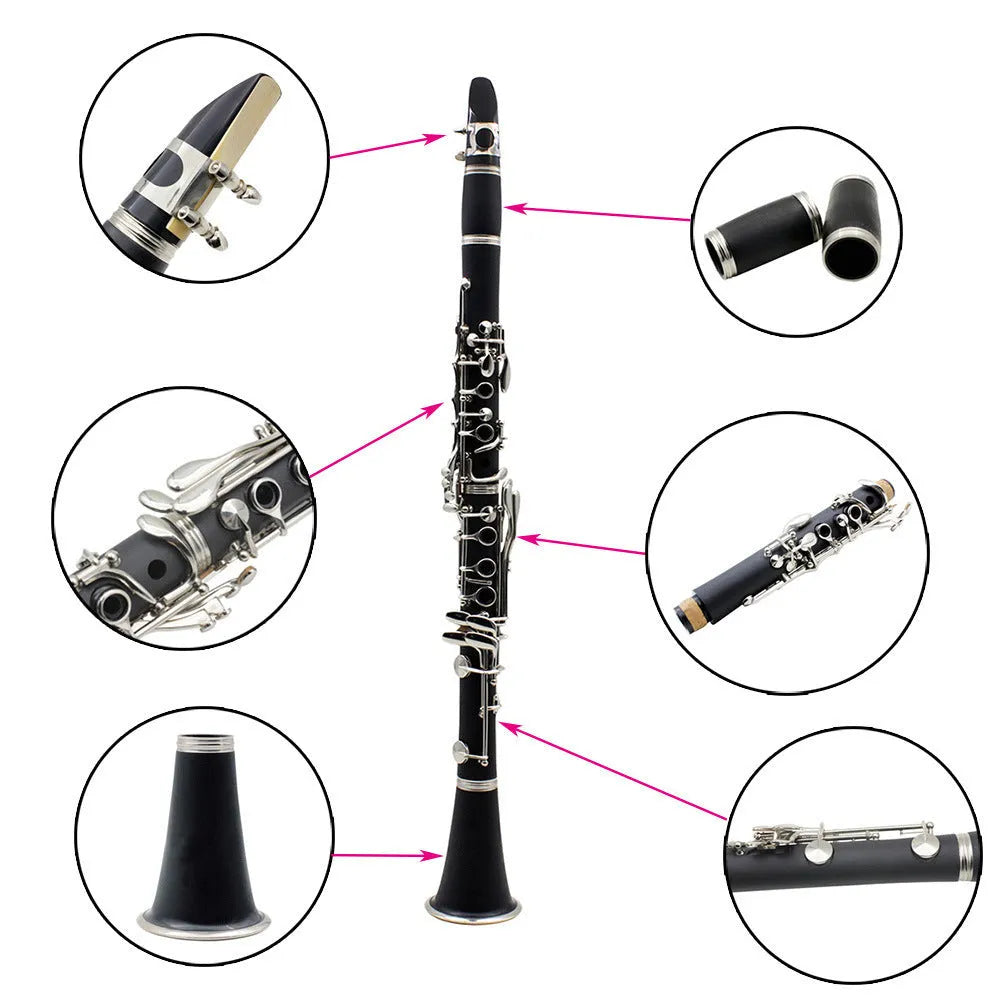 Black bakelite clarinet with nickel keys next to its protective carry bag.