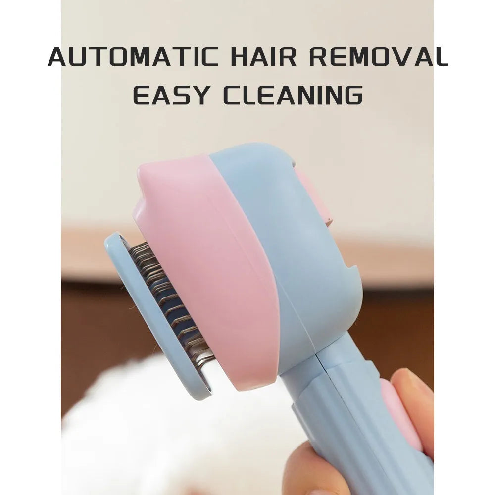 Blue and green double-sided pet grooming brush with deshedding rake and dematting comb.