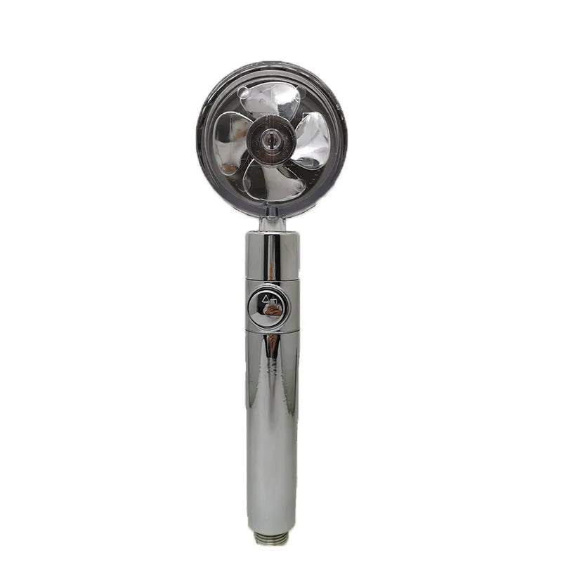 Blue handheld shower head with stop button and turbo nozzle on a chrome bracket.