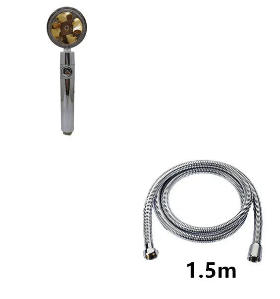 Blue handheld shower head with stop button and turbo nozzle on a chrome bracket.