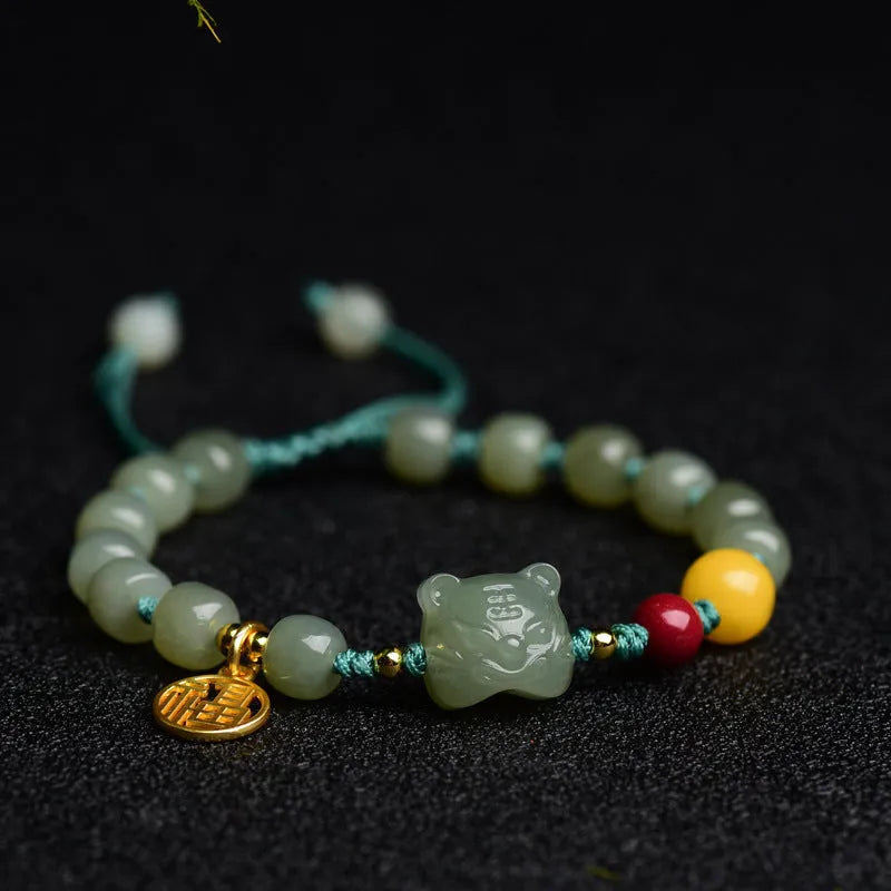 Natural Hetian jade bracelet with animal zodiac modelling and 5x7mm beads