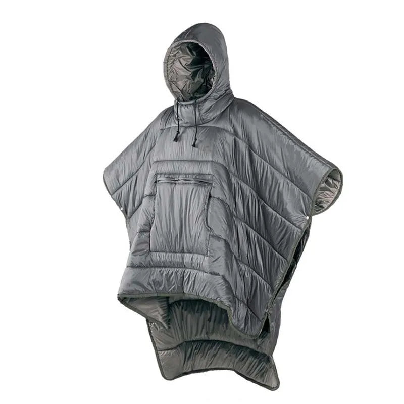 Outdoor cloak sleeping bag in grey colour showing wearable cape design and 200x140cm dimensions