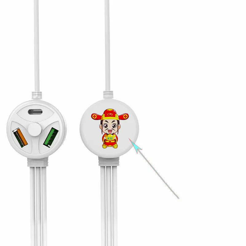 White PD fast charge cable with USB-A plug and three connectors: TYPE-C, Micro USB, and Mini USB.
