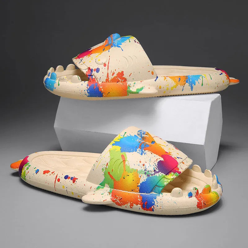 Shark-themed couple EVA slippers in open-toe style on a colour selection background.